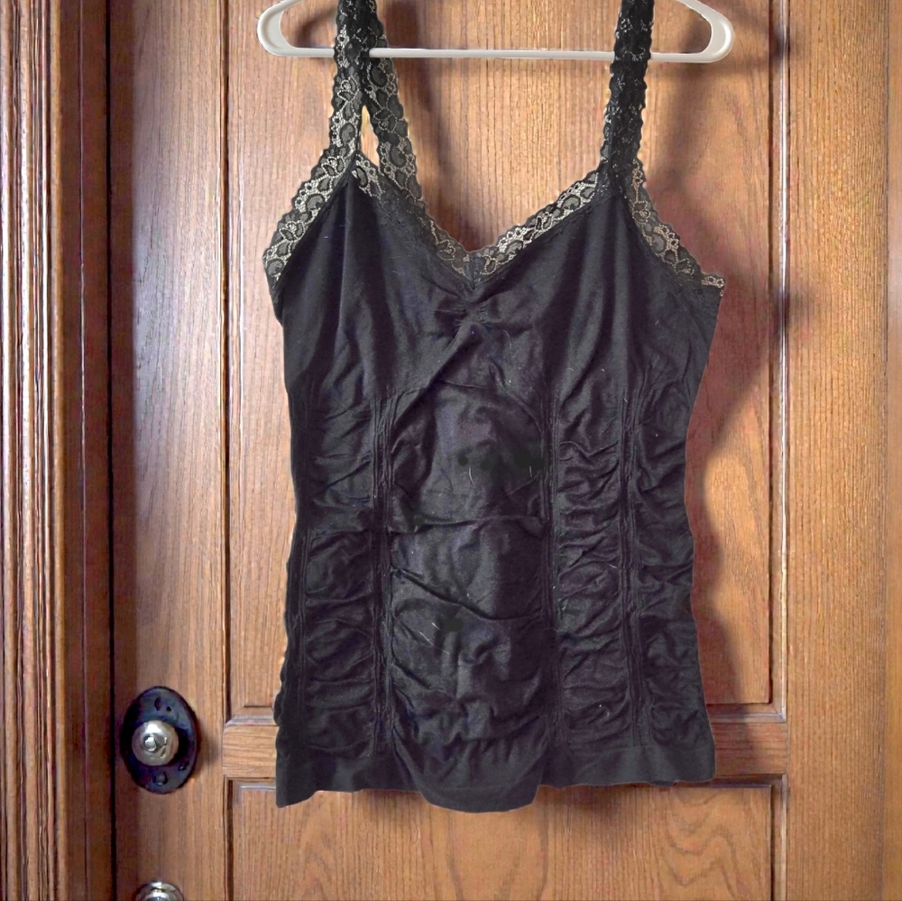 Kathy Black Lace Trim Babydoll Cami Overall Ruching Back Ribknit Goth Witchy / M